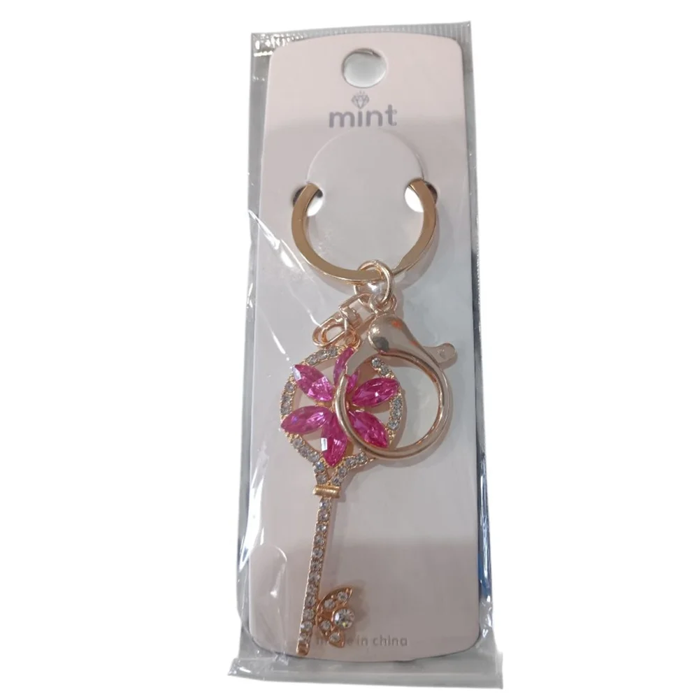 Floral Rhinestone Skeleton Key Keychain Purse Charm with Pink Flower